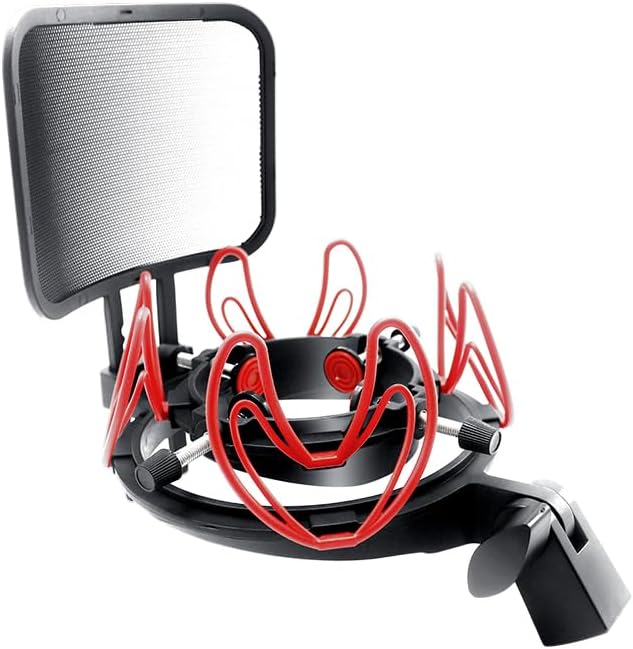 Microphone Shock Mount with Pop Filter Universal Shock Stand for Microphones Size at 21-62mm Anti-Vibration Mic Holder Clip Compatible with AT2020 MXL 990 770 Rode NT1-A Neumann 103(Red)