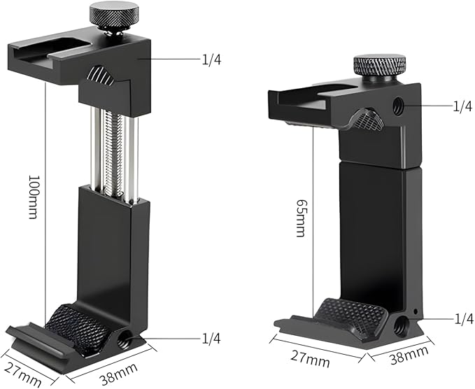 Metal Phone Tripod Mount with Arca Port Cold Shoes & 1/4" Screw Hole, Adjustable Cell Phone Tripod Adapter Clamp Holder Compatible with iPhone Samsung for Video Recording