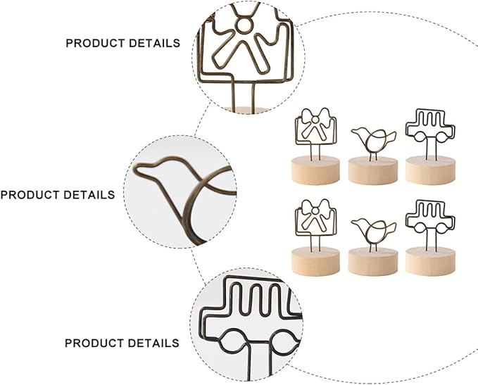 6pcs Wooden Memo Clips with Bowknot, Bird, and Car Designs, Vintage Photo Display Stands for Desktop Organization and Home Office Decoration Random Color