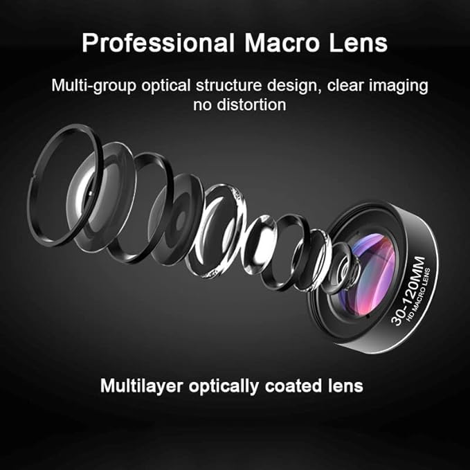 30-120mm Macro Zoom Lens, for iPhone, Samsung, Android, Pixel, Black, Mixed Materials, HD Coating, 4:1 Zoom Ratio, Auto/Manual Focus, Compatible with Most Smartphones