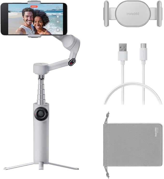 Insta360 Flow 2 Grey - Foldable AI Gimbal for iPhone, AI Tracking, Multi-Person Tracking, Built-in Tripod/Selfie Stick, Remote Control, iPhone/Android Portable Stabilizer