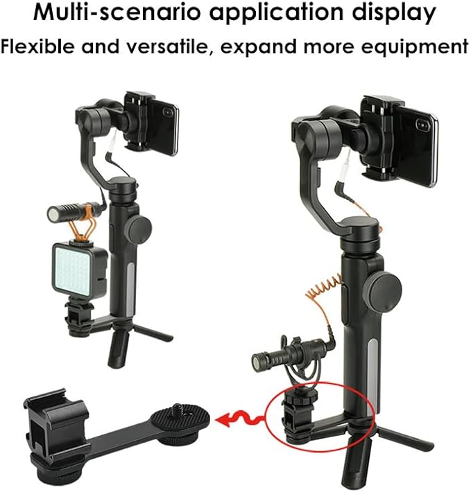 Triple Cold Shoe Mounts Plate Microphone Led Video Light Extension Bracket Microphone Stand Rig Compatible for DJI OSMO Mobile 3 2 OM 4 Zhiyun Smooth 4/Feiyu Vimble 2 Gimbal Stabilizer