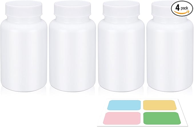 UMETASS White Pill Bottle, Empty Medicine Bottles with Screw Caps for Pills Capsules Vitamins, Food Grade Plastic Medicine Containers with Labels for Travel (6.7oz/200ml, 4 Pcs)