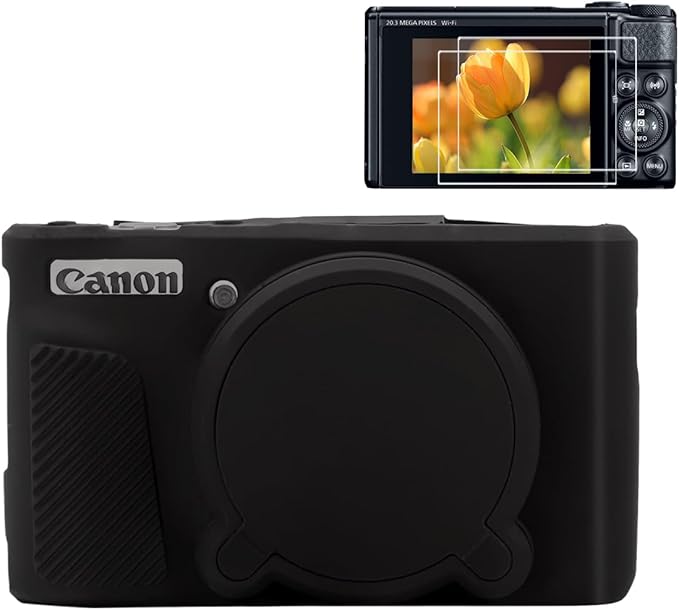 Pocoukate Case for Canon PowerShot SX740 HS Camera, Soft Silicone Protective Cover Skin with Removable Lens Cover for SX740/SX730 HS Accessories Rubber with Tempered Glass Screen Protector - Black