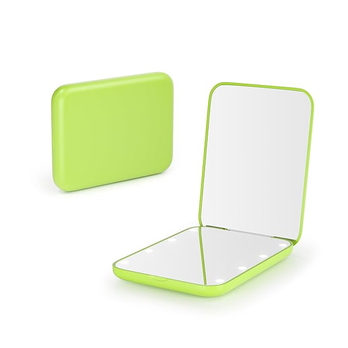 Kintion Pocket Mirror, 1X/3X Magnification LED Compact Travel Makeup Mirror with Light for Purse, 2-Sided, Portable, Folding, Handheld, Small Lighted Mirror for Gift, Light Green