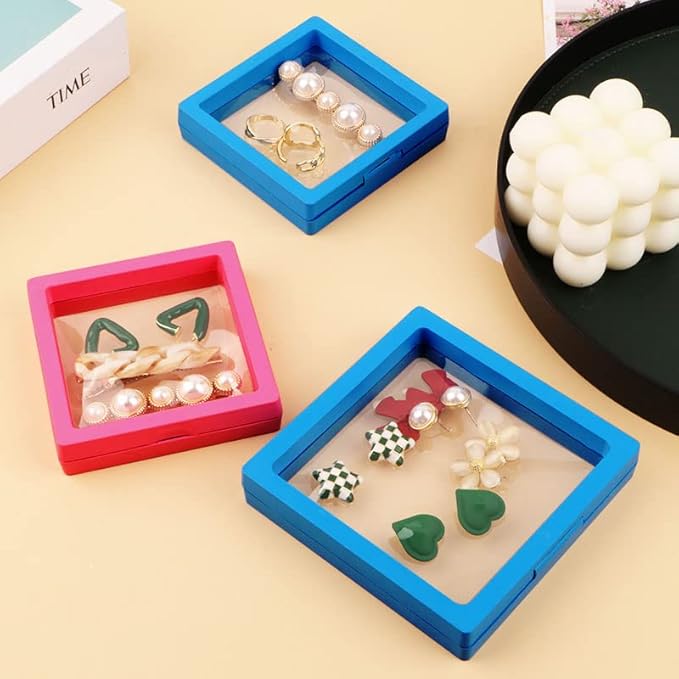 12PCS 3D Floating Frame Display Stand, Jewelry Box, Gift Box, Ornament Organizer, Small Travel Jewelry Box, PE Film Anti-Oxidation, Suspended Display Box Stackable (2.75*2.75，Type 3)