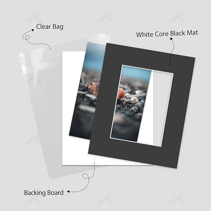 Golden State Art, Acid Free, Pack of 5, 8x10 Black Picture Mats Mattes with White Core Bevel Cut for 5x7 Picture & Backing & Bags