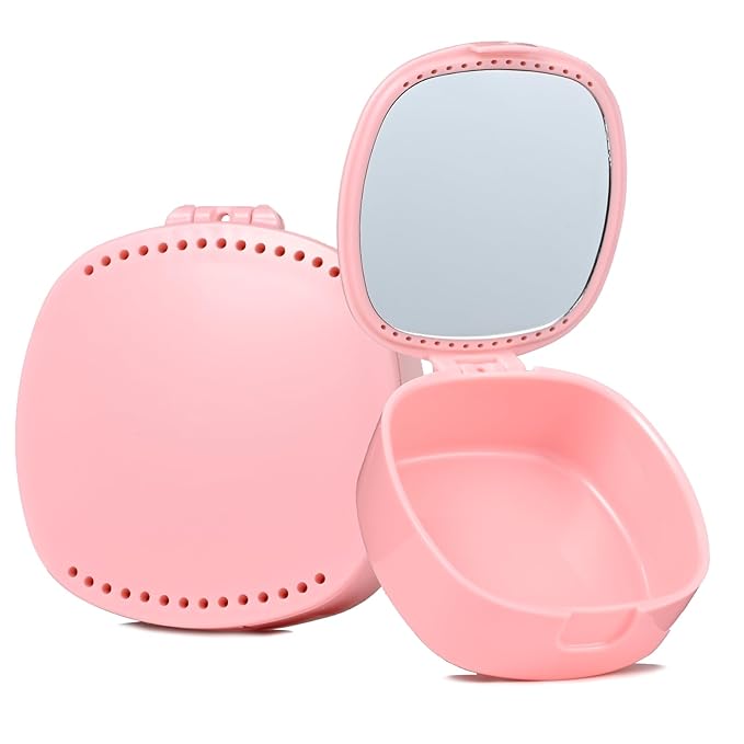 Retainer Case With Mirror and Ventilation Holes - Mouth Guard, Denture, Orthodontic Aligner, Night Guard - Pink