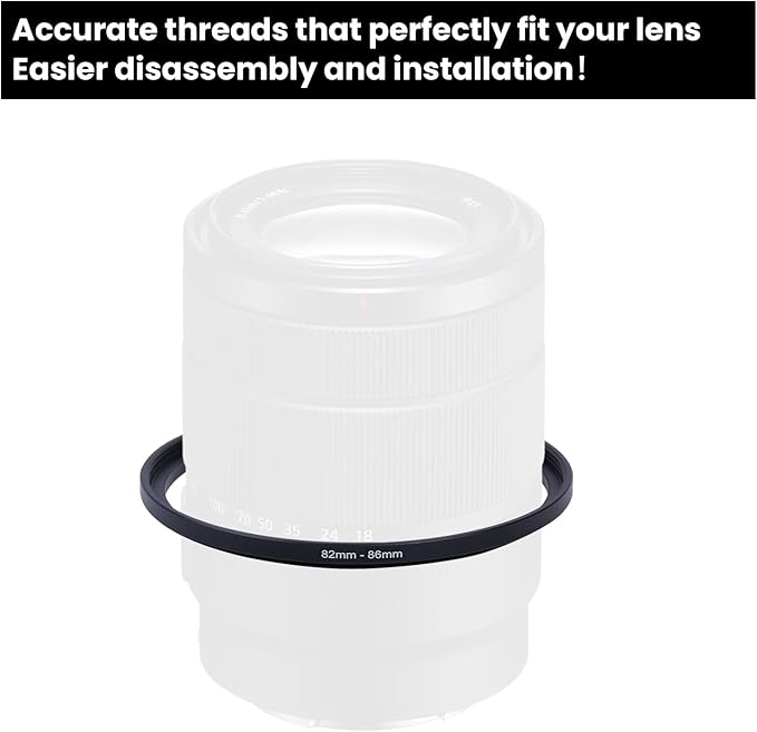 Metal Step Up Ring Filter Adapter - 82mm to 86mm - Metal Ring Step Up Rings Adapter Filter Compatible with All 86mm UV, CPL, ND, Lens Hood, Threaded Lens ect