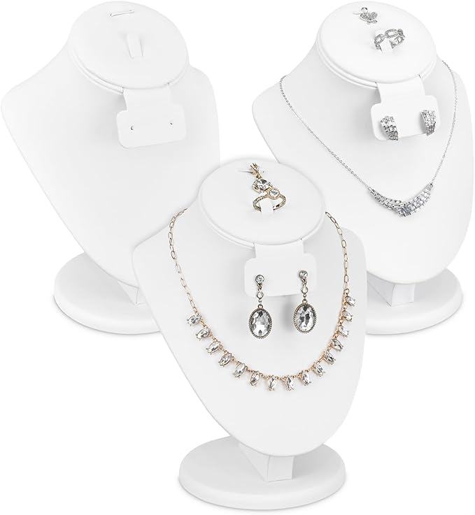 MOOCA 3 Pcs Set White Leatherette Combination Display Jewelry Stand Bust for Necklaces, Earrings, Rings, Jewelry Display For Vendors