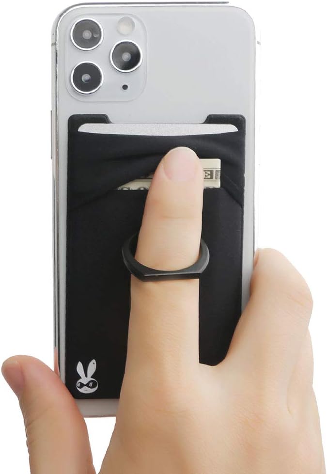 5-in-1 Cell Phone Wallet-Stick On Spandex Ring Card Holder Sleeve Back-Double-Pocket+Magnetic+Finger Grip Strap Loop+Kickstand+RFID Block,Most of Smartphones