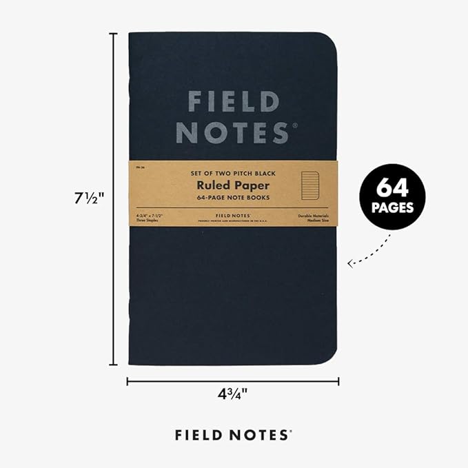 Field Notes 2-Pack Pitch Black Notebooks (4.75" X 7.5"), Ruled, 64 Pages | Thin Pocket Sized EDC Notebook With 90 GSM Paper & Paperback Cover | Work Notebooks For Note Taking | Made in the USA