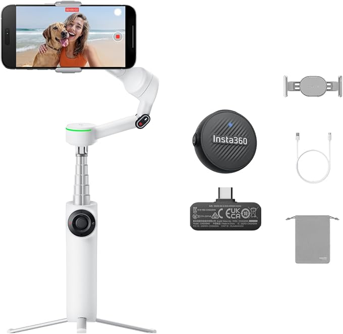 Insta360 Flow 2 Pro Mic Bundle White - Foldable AI Phone Gimbal, Track in 200+ iOS Apps, Multi-Person & 360 Pan Tracking, Built-in Tripod/Selfie Stick, iPhone/Android Stabilizer