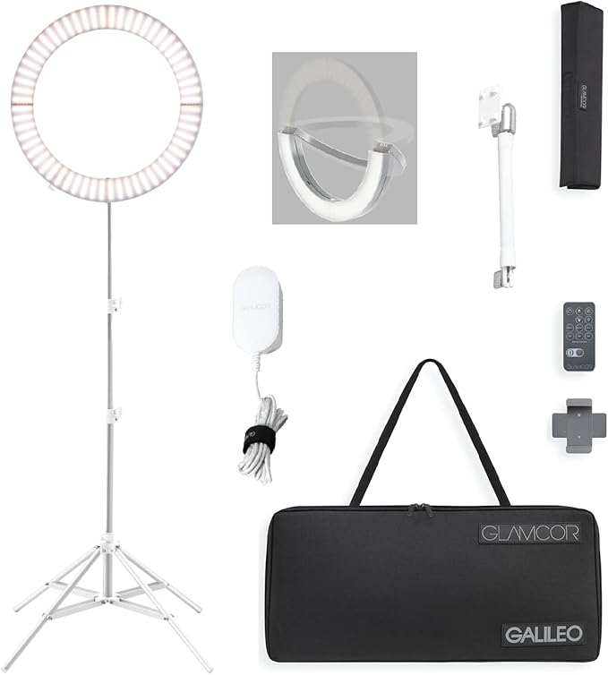 GLAMCOR Galileo Portable Ring Light Kit | 18" Foldable LED Ring Light with 2,700K - 5,600K Color Temperature Range, Remote with Presets and Smartphone Bluetooth Control, Travel Bag Included (White)