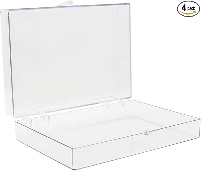 4-Pack Clear Hinged Plastic Containers, Keepsake Storage Boxes, 7"L x 5"W x 1.75"H, Made in USA, Plastic Display Case, Bead Storage or Craft Organizers and Storage Container
