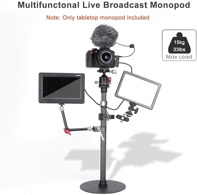 Koolehaoda Monopod Stand for Desk, 16"-28" Adjustable Carbon Fiber Extension Rod with Heavy Base, Table Mount Stand for DSLR Camera, Light, Webcam, Live Streaming, Vlogging