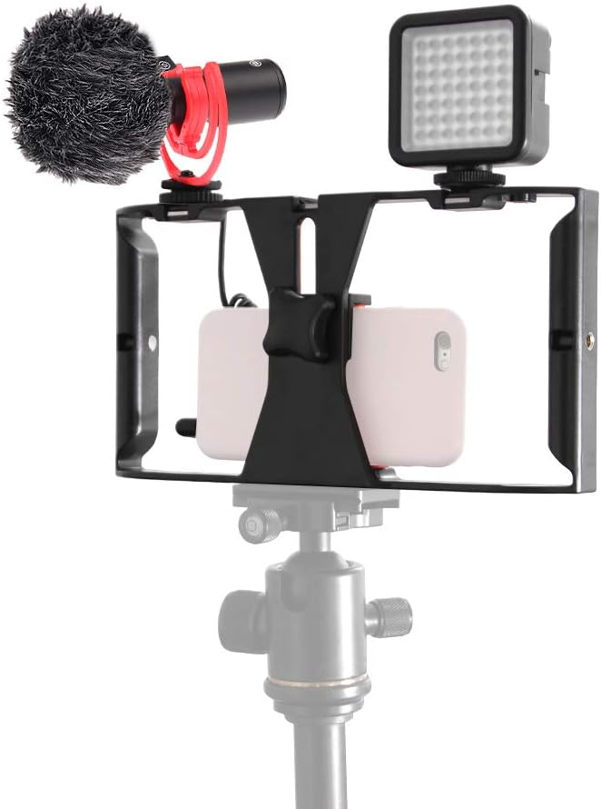 FocusFoto PRO U-Rig Smartphone Video Camera Cage Mount Holder Stabilizer Grip with Upgraded by-MM1+ Microphone Mic+ 49 LED Light+ Mini Tripod Kit for Mobile Phone iPhone Filmmaking Videomaker