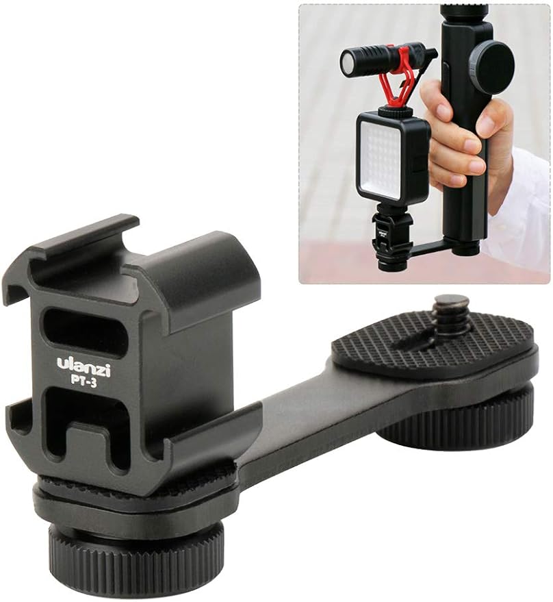 ULANZI PT-3 Triple Cold Shoe Mount Adapter Aluminium for Gimbal (DJI Osmo Mobile 2/3, Zhiyun, Feiyutech), Camera and Smartphone Vlog Video Microphone Extension Bar,Black