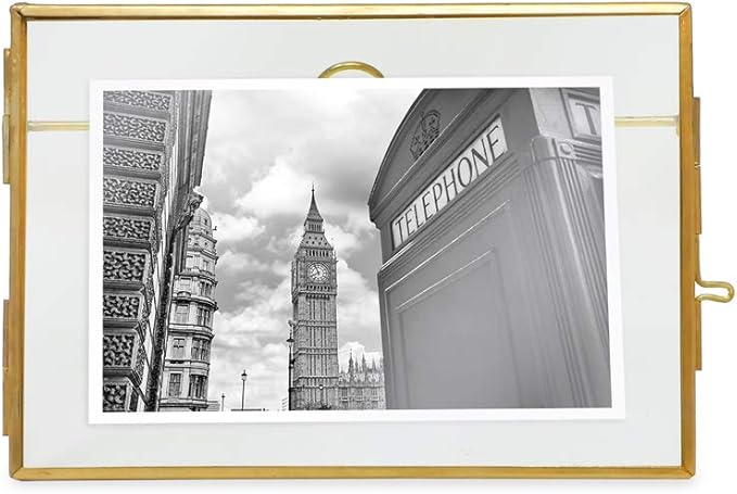 Isaac Jacobs 4x6, Antique Gold, Vintage Style Brass and Glass, Metal Floating Picture Frame (Horizontal) with Locket Closure, for Photos, Art, More, Tabletop Display (4x6 Antique Gold)