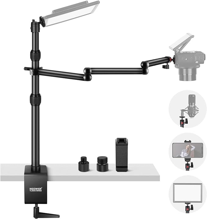 NEEWER Upgraded Overhead Camera Rig with Trifold Camera Boom Arm (Max Load 2lb), 47"/1.2m Telescopic Desk Mount Stand (Max Load 8.8lb) with Phone Clamp Ball Head for LED Light Webcam Mic, TL253A+MH022