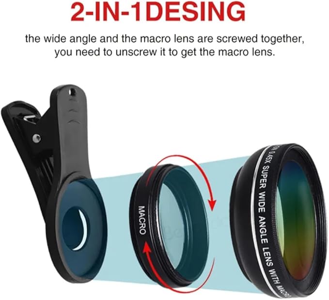2-in-1 Phone Camera Lens Kit – 0.45X Wide Angle + 12.5X Macro Lens with Clip for iPhone, Samsung, Android – Universal Smartphone Lens Attachment.