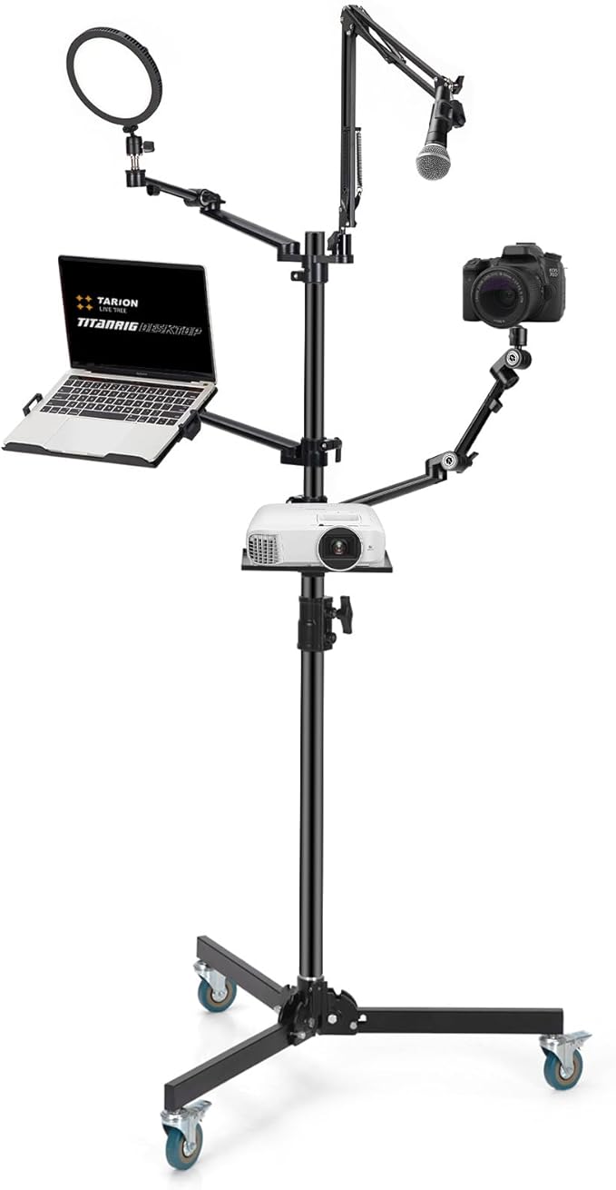 TARION 61in Live Streaming Stand with Wheel + 11in Magic Arm with Super Clamp, 5-in-1 Stream Stand Equipment Kit TitanRig + 3 Articulating Arms with 1/4" and 3/8" Thread