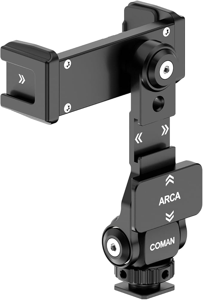 COMAN Metal Phone Tripod Mount - Holder Stand with 3 Cold Shoes & Arca Port, Universal Smartphone Mount Adapter, 360° Rotates Adjustable Cell Phone Clip Clamp Holder Fits iPhone 15 Pro Max Galaxy S24