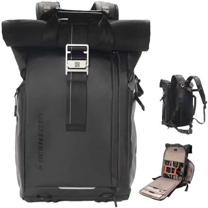 Besnfoto Camera Backpack, Waterproof Travel Camera Bag for Photographer Expandable Roll Top Photography Case for DSLR SLR Mirrorless Camera Fit up to 15.6 inch Laptop with Rain Cover