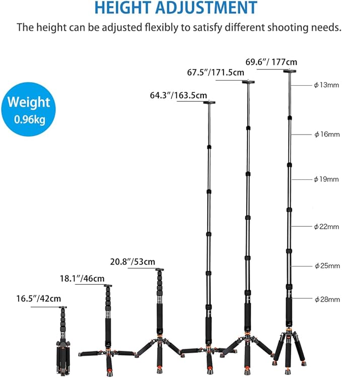 Koolehaoda Camera Aluminum Monopod with Metal Tripod Base.6 Sections 18-69inch Adjustable, Leg Diameter Φ28mm,up to 13lbs - Black