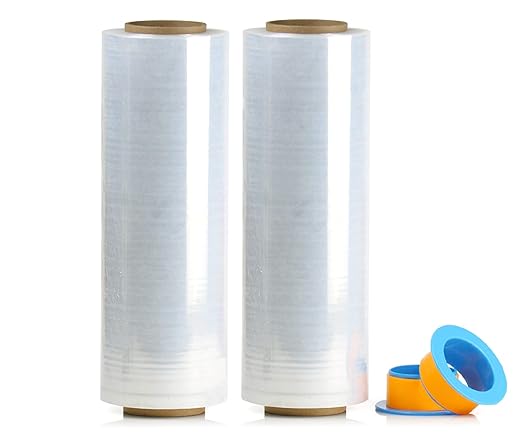 BOMEI PACK 2 Pack 1500ft Industrial Clear Stretch Wrap Film 70 Gauge 15" with 3inch Plastic Rolling Handles for Pallet Wrap, Durable Self-Adhering Packing, Moving, Heavy Duty Shrink Film