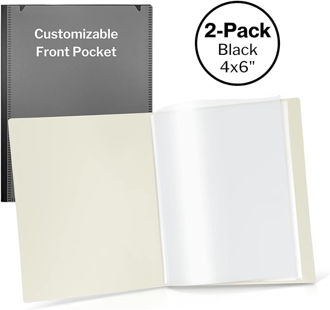 CRANBURY Small Photo Binder 4x6 (Black), 2-Pack 4 x 6 Photo Book, 24 Pockets Shows 48 Pictures, Mini Plastic Picture Album Presentation Binder with Customizable Cover