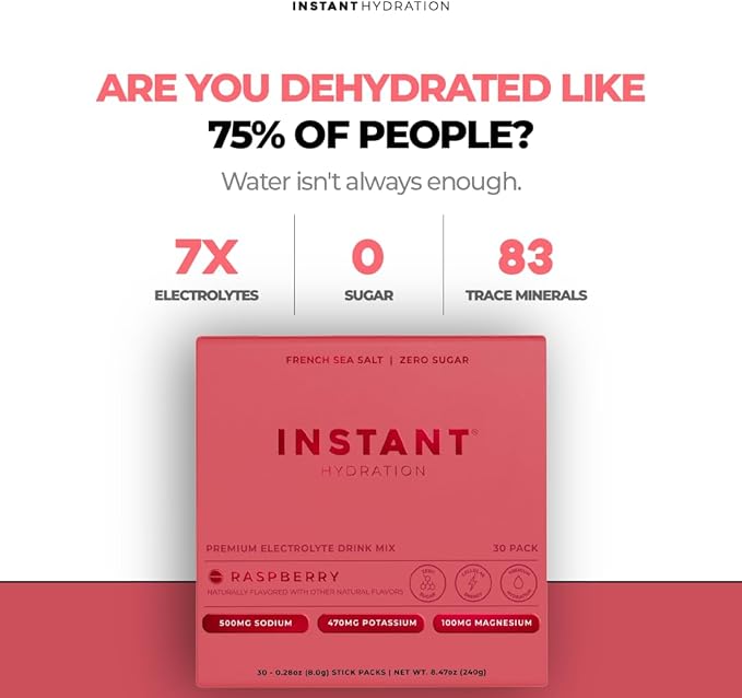 Instant Hydration Electrolytes Powder Packets - Raspberry Electrolyte Drink Mix - Zero Sugar - Keto, Vegan, Gluten-Free, Non-GMO - Boost Recovery, Brain Health, Muscle & Tissue Support- 30 Sticks
