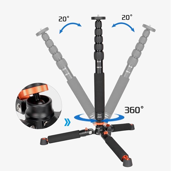 Koolehaoda Camera Aluminum Monopod with Metal Tripod Base.6 Sections 18-69inch Adjustable, Leg Diameter Φ28mm,up to 13lbs - Black