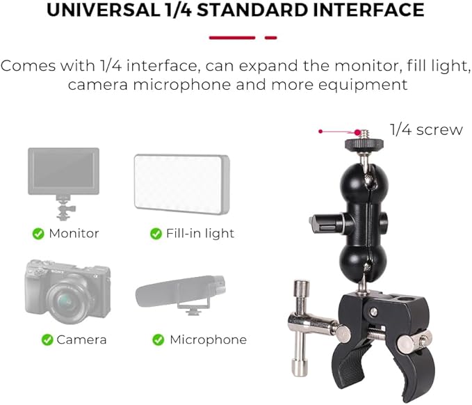 Double Ballhead Magic Arm Camera Clamp Mount Monitor Mount Bracket with Super Clamp with 1/4" and 3/8" Thread for DSLR Camera Rig, LCD Monitor, LED Flash Lights