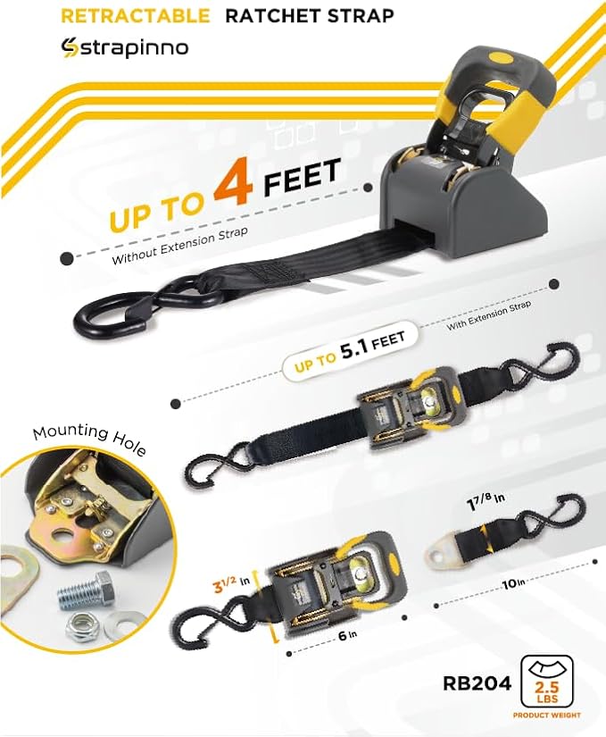 Strapinno 2PCS Retractable Ratchet Straps (1 7/8 in x 4 ft) Heavy Duty Transom Tie Downs with Extension Straps, Bolt Set & Safety Latch S-Hooks,for Boat,ATV, Trailers, Break Strength 3,000LBS/1,360KG