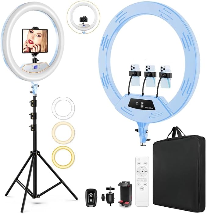 22" LED Ring Light, with 75" Tripod/LCD Display/3+1 Phone Clips/ 2 USB Ports/Wireless Remote, Adjustable 2600K-6500K Color Temperature, for YouTube Facebook Live TikTok Video Recording Vlog (Blue)