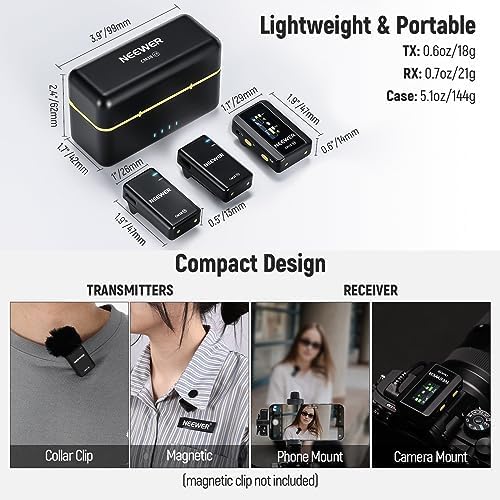 NEEWER CM28 (1 RX + 2 TX + Charging Case), Wireless Lavalier Microphone, Smart Noise Cancelling, 48KHz/16Bit 9 Hrs Uncompressed Recording, 656ft/200m Range, Lav Mic for iPhone, Android, Camera