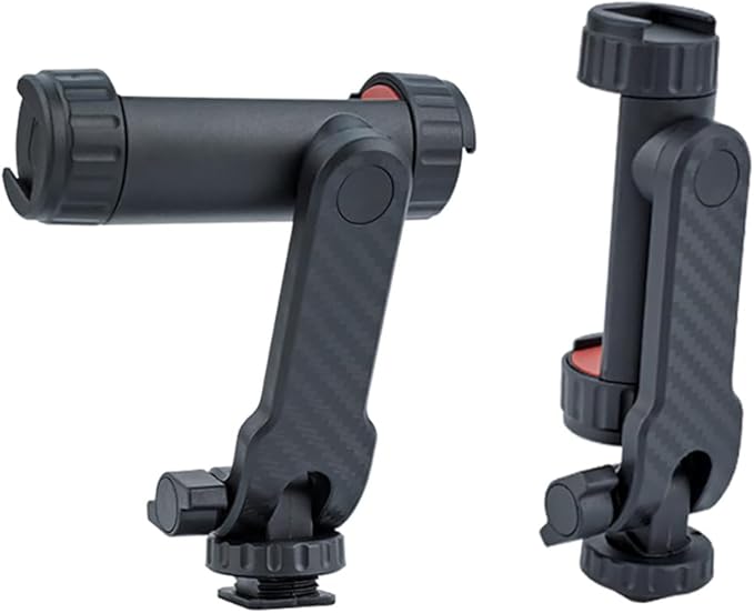 Dual Cold Shoe Phone Mount Holder — Universal Adjustable Smartphone Clamp with Dual Cold Shoe Mounts for Microphone & LED Light, 360° Rotating Ball Head, 1/4"-20 Tripod Screw Compatible