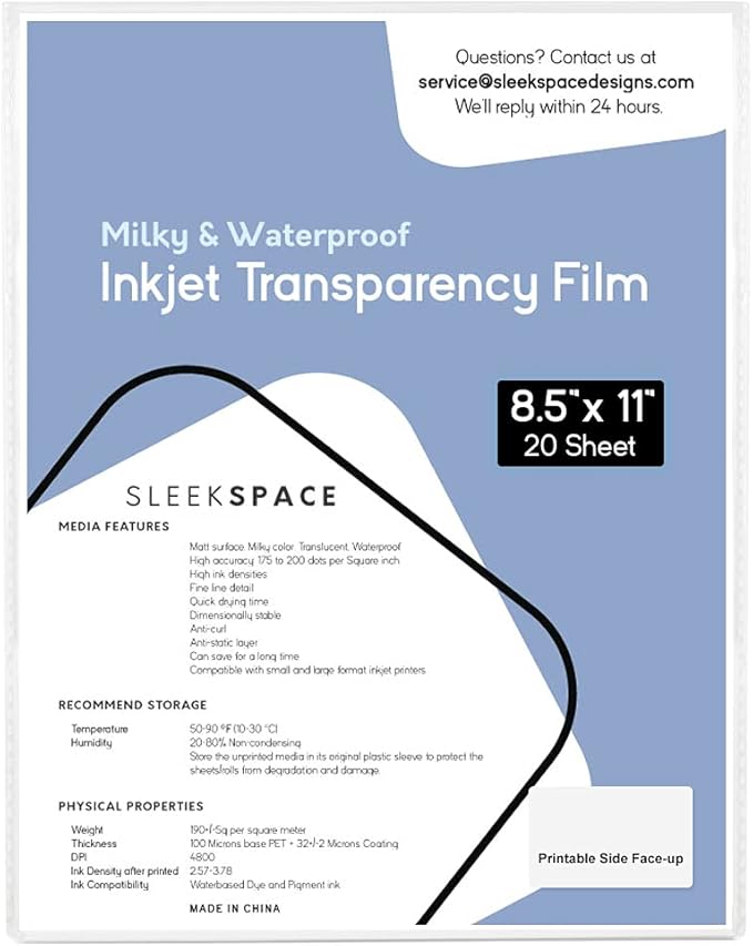 Sleek Space Milky Transparency Film for Inkjet Printers, Screen Printing | 100% Waterproof, Anti-curl, Anti-static | High Ink Density, Quick Dry Ink | For Silk Screen, Offset, T-Shirts | 190 +/-5 psm