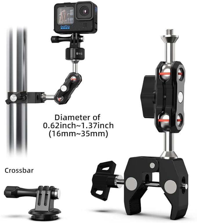 SUREWO Super Camera Clamp Mount,Super Clamp Mount with Dual Ballhead Magic Arm Compatible with Gopro Hero 13,12,11,10,9,8,7,6,5, Insta360 X4/3/2, DJI Osmo Action 6/5 pro/4/3,AKASO and More