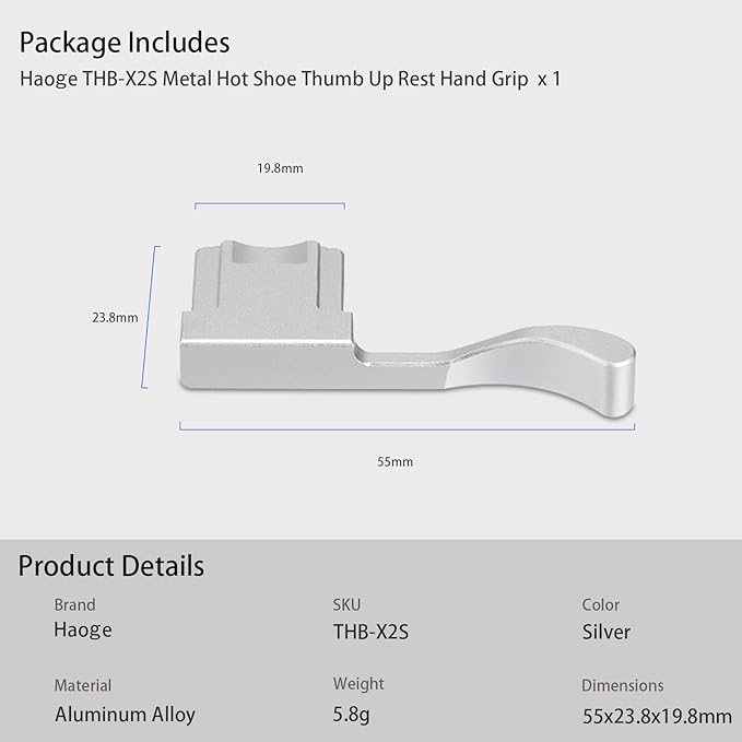 Haoge THB-X2S Metal Hot Shoe Thumb Up Rest Hand Grip for Fujifilm X100VI Fuji X100V Camera Silver