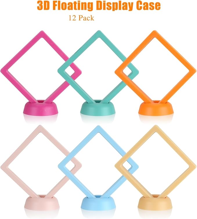 12PCS 3D Floating Frame Case with Stands, Challenge Coin Display Stand Holder, Gift Packing Frame Showcase for Earrings, Jewelry, Medallions, Specimens, 3.54x3.54 Inch (Light Pink)
