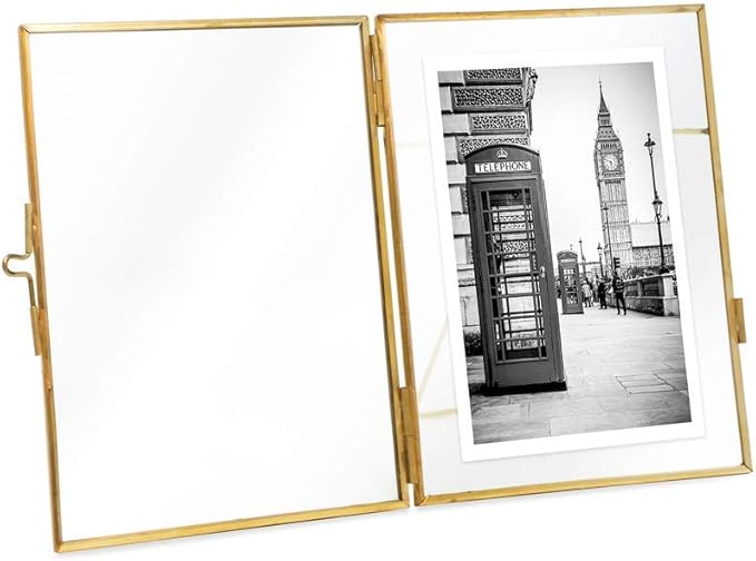 Isaac Jacobs 5x7, Antique Gold, Vintage Style Brass and Glass, Metal Floating Picture Frame (Vertical) with Locket Closure, for Photos, Art, & More, Tabletop Display (5x7 Antique Gold)