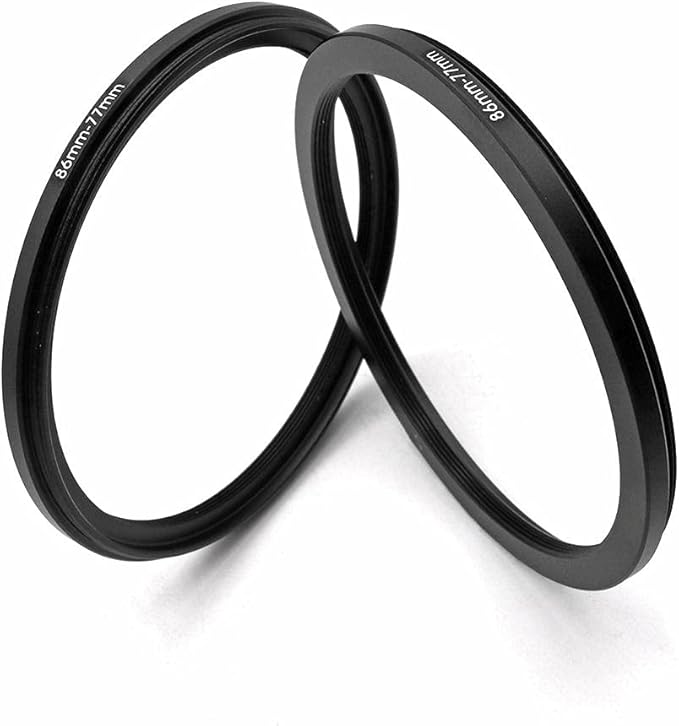 86-77mm Metal Step-Down Adapter Ring, 86mm Lens to 77mm Filter Size Accessories, 2 Pieces Black Lens Filter Adapter Ring with Lens Cleaning Cloth, LingoFoto