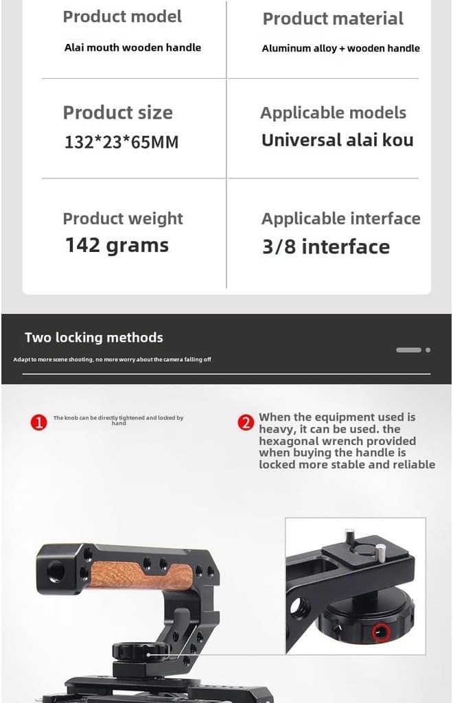 Wooden top Handle, Grip for DSLR Camera cage, Universal Handle with 3 Cold Shoe adapters with 3/8 and 1/4 Screw Holes