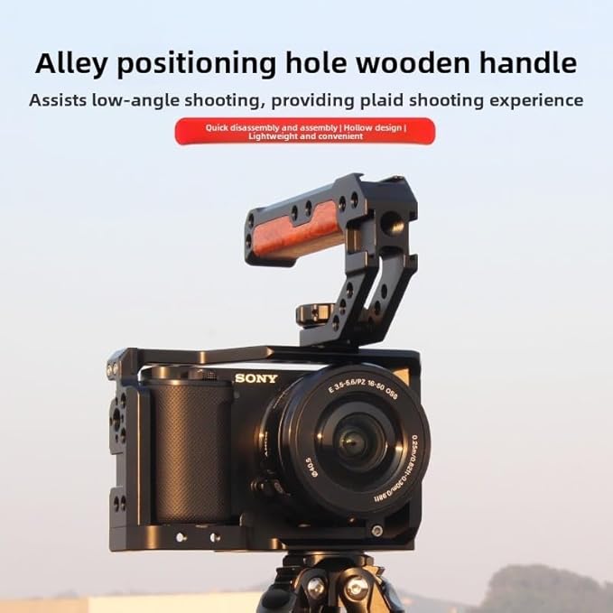 Wooden top Handle, Grip for DSLR Camera cage, Universal Handle with 3 Cold Shoe adapters with 3/8 and 1/4 Screw Holes