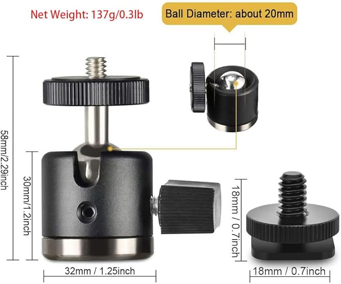 UTEBIT Mini Ball Head, Tripod Head with 1/4" hot Shoe, 360° Rotatable Ball Heads Camera Mount Adapter, Aluminium 20mm Ballhead Compatible with Tripods, Monopods, HTC Vive, SLR Cameras Loading 2.5lb