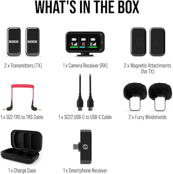 RØDE Wireless Micro - Compact Wireless Microphone Camera Kit, Two Mics with Camera Receiver, Smartphone Receiver, and Charge Case for Content Creation - USB-C, Black