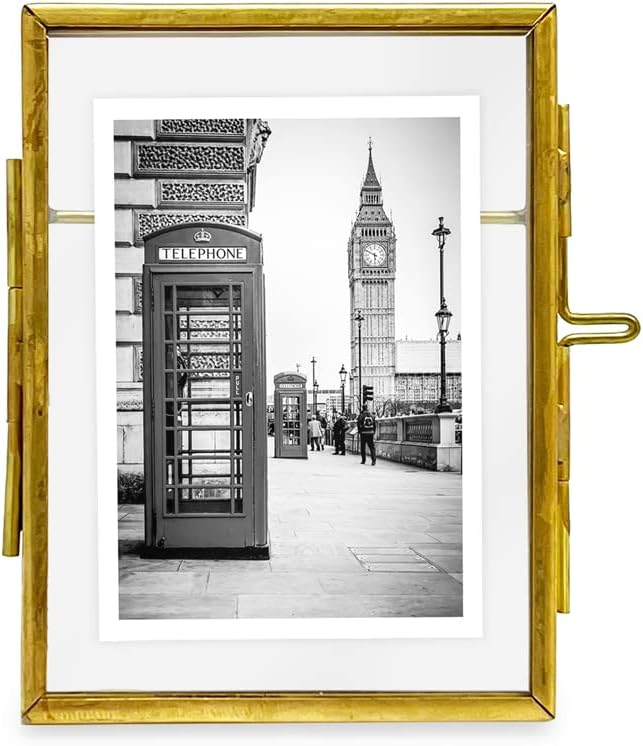 Isaac Jacobs 2x3, Antique Gold, Vintage Style Brass and Glass, Metal Floating Picture Frame (Vertical) with Locket Closure, for Photos, Art, & More, Tabletop Display (2x3 Antique Gold)