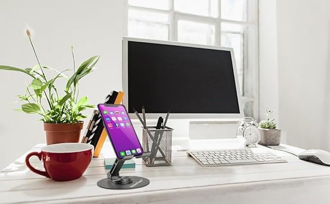 Cell Phone Holder Stand 2 Piece, Adjustable and Foldable Cell Phone Stand Holder for Desk, 360 Rotation Smartphone Holder with Non Slip Pads, Compatible with iPhone, Android Smartphones, Tablets (2)